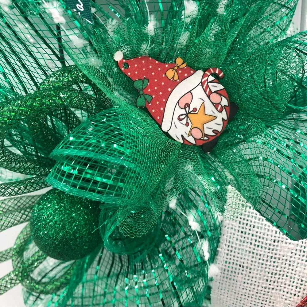 Handmade Gnome Deco Mesh Wreath Green White Winter Christmas Xmas Ribbon Glitter